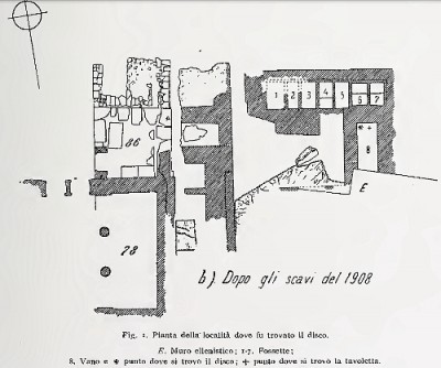 Quelle : Luigi Pernier, Il Disco di Phaestos con Caratteri Pittografici. In : Ausonia, Vol. 3, Rom 1909, S. 257, Fig. 1. Grundriss des Fundortes, Raum 8 des Gebäudes XL 101 zu Phaistos. In Public Domain.