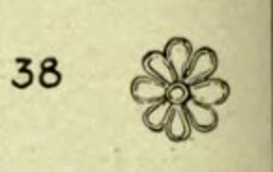 Die Rosette, das auf dem Diskos von Phaistos befindliche Symbol der Göttin Krete nach Evans Nr. 38. Quelle : Evans, Arthur : The Palace of Minos at Knossos, Vol. 1, London 1921, S. 652, Fig. 483, Nr. 38. In public domain.