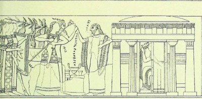 Götterprozession anlässlich der Hochzeit von Thetis und Peleus. Chiron und Iris nehmen Peleus das Ehegelübde ab, während Thetis rechts im Bild in ihrem Tempel auf das Eintreten der Prozession wartet. Detailansicht der in Clusium von Alessandro Francois entdeckten Vase Nr. 3. Standort : Museum Florenz. Quelle : August Baumeister, Denkmäler des klassischen Altertums, Band 3, München u. Leipzig 1889, Tafel 74, Nr. 1883. Gemeinfrei, in public domain.