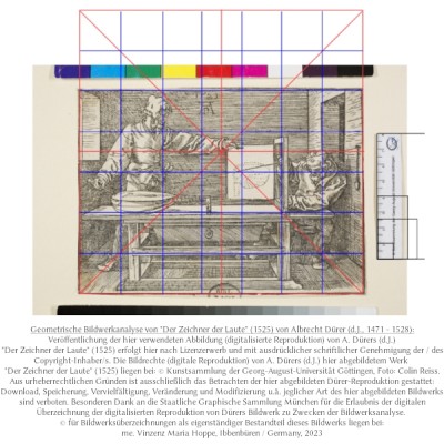 Abbildung / Bildanhang 1:<br />Geometrische Bildwerkanalyse: &quot;Der Zeichner der Laute&quot; (1525) von Albrecht Dürer (d.J., 1471 - 1528):<br />Veröffentlichung der hier verwendeten Abbildung (digitalisierte Abfotografie von Albrecht Dürers (d.J.) &quot;Der Zeichner der Laute, (1525) erfolg hier nach Lizenzerwerb und mit ausdrücklicher schriftlicher Genehmigung der / des Copyright-Inhaber/s der hier abgebildeten digitalen Reproduktion des Bildwerks &quot;Der Zeichner der Laute&quot; (1525) von Albrecht Dürer (d.J.).<br />Bildrechte (digitale Reproduktion) vin A. Dürers (d.J.) Holzschnitt &quot;Der Zeichner der Laute&quot; (1525) liegt bei:<br /><br />© Kunstsammlung der Georg-August-Universität Göttingen, Foto: Colin Reiss.<br /><br />- Besonderen Dank an die Kunstsammlung der Georg-August-Universität Göttingen für die freundliche Erlaubnis, die lizensierte Reproduktion von Dürers Bildwerk digital überzeichnen zu dürfen. -<br /><br />© für digitale Überzeichnungen (und Abbildungstext): me. Vinzenz Maria Hoppe, Ibbenbüren / Germany, 2023<br /><br />Die vom Verfasser zu Bildanalysezwecken vorgenommenen digitalen geometrischen Überzeichnungen stellen zwar im Sinne de Urheberrechts ein eigenständiges Bildwerk dar: da die Überzeichnungen in dieser Abbildung jedoch zwecks Bildwerkanalyse größtenteils über ein Bildwerk gelegt sind, das dem Copyright der © Kunstsammlung der Georg-August-Universität Göttingen, Foto: Colin Reiss unterliegt, beeinflussen, verändern oder vermindern die Überzeichnungen des Verfassers das höher zu bewertende geltende Copyright der  © Kunstsammlung der Georg-August-Universität Göttingen, Foto: Colin Reiss in keiner Weise:<br /><br />Für diese Abbildung ist aus urheberrechtlichen Gründen (vorliegende genannte Copyrihts) ausschließlich das Betrachten der Abbildung erlaubt: jede Form des Downloads, der Speicherung, der Vervielfältigung und Verbreitung u.ä. - auch in Auszügen oder Ausschnitten - ist verboten.