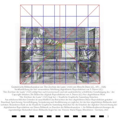 Abbildung / Bildanhang 2:<br />Geometrische Bildwerkanalyse: &quot;Der Zeichner der Laute&quot; (1525) von Albrecht Dürer (d.J., 1471 - 1528):<br />Veröffentlichung der hier verwendeten Abbildung (digitalisierte Abfotografie von Albrecht Dürers (d.J.) &quot;Der Zeichner der Laute, (1525) erfolg hier nach Lizenzerwerb und mit ausdrücklicher schriftlicher Genehmigung der / des Copyright-Inhaber/s der hier abgebildeten digitalen Reproduktion des Bildwerks &quot;Der Zeichner der Laute&quot; (1525) von Albrecht Dürer (d.J.).<br />Bildrechte (digitale Reproduktion) vin A. Dürers (d.J.) Holzschnitt &quot;Der Zeichner der Laute&quot; (1525) liegt bei:<br /><br />© Staatliche Graphische Sammlung München<br /><br />- Besonderen Dank an die Staatliche Graphische Sammlung München für die freundliche Erlaubnis, die lizensierte Reproduktion von Dürers Bildwerk digital überzeichnen zu dürfen. -<br /><br />© für digitale Überzeichnungen (und Abbildungstext): me. Vinzenz Maria Hoppe, Ibbenbüren / Germany, 2023<br /><br />Die vom Verfasser zu Bildanalysezwecken vorgenommenen digitalen geometrischen Überzeichnungen stellen zwar im Sinne de Urheberrechts ein eigenständiges Bildwerk dar: da die Überzeichnungen in dieser Abbildung jedoch zwecks Bildwerkanalyse größtenteils über ein Bildwerk gelegt sind, das dem Copyright der © Staatlichen Graphischen Sammlung München unterliegt, beeinflussen, verändern oder vermindern die Überzeichnungen des Verfassers das höher zu bewertende geltende Copyright der © Staatliche Graphische Sammlung München in keiner Weise:<br /><br />Für diese Abbildung ist aus urheberrechtlichen Gründen (vorliegende genannte Copyrihts) ausschließlich das Betrachten der Abbildung erlaubt: jede Form des Downloads, der Speicherung, der Vervielfältigung und Verbreitung u.ä. - auch in Auszügen oder Ausschnitten - ist verboten.