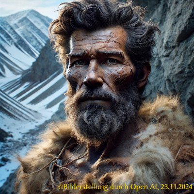 Bildrechte / vollständiger Bildnachweis: &quot;OpenAI. 'Scientifically accurate depiction of Ötzi the Iceman.' Erzeugt durch die KI-Bildgenerierung DALL-E, 23.11.2024.&quot;<br /><br />WICHTIGER HINWEIS: An dieser Stelle muss unbedingt darauf hingewiesen werden, dass - trotz der zitierten Bildrechteunterschrift - dass tatsächliche und vermutlich nicht authentisch nachempfindbare Aussehen von &quot;Ötzi&quot; in keinem Zusammenhang mit den von der KI generierten und hier geposteten Bildern / Grafiken stehen muss!